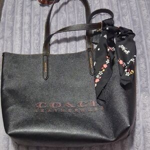 Coach Black Tote with Floral Scarf Accent